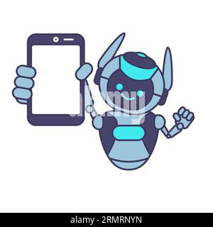 Robot shows blank phone screen for advertising vector illustration Stock Vector