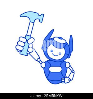 Robot carpenter character. Robot holding hammer Stock Vector