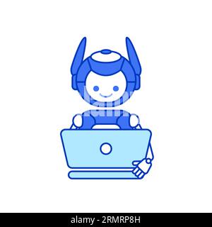 Robot character work with laptop vector illustration. Cute Cartoon Robot Illustration Stock Vector