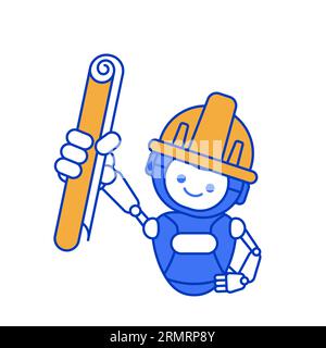 robot holding blueprint paper. Robot mascot character vector illustration Stock Vector