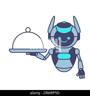 Robot carrying covered plate for serving vector illustration. Waiter robot mascot Stock Vector