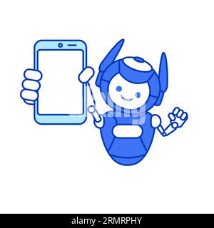 Robot shows blank phone screen for advertising vector illustration Stock Vector