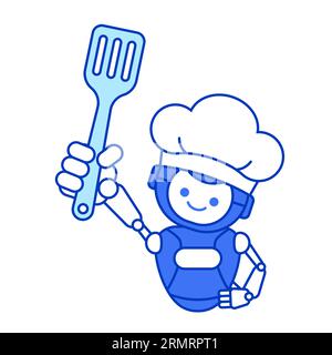 Robot chef holding spatula vector illustration. Robot chef mascot illustration Stock Vector