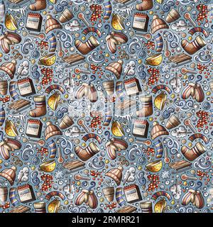 Cartoon vector hand-drawn doodles on the subject of winter seamless pattern features a variety of seasonal objects and symbols Stock Vector
