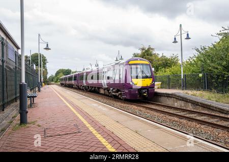 East Midlands railway regional type British Rail Class 170 Turbostar diesel multiple unit passenger train at Creswell railway station. Stock Photo