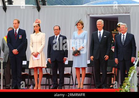(140805) -- LIEGE, Aug. 4, 2014 -- British Prince William, British Duchess of Cambridge Catherine, French President Francois Hollande, Belgian Queen Mathilde, Belgian King Philippe, German President Joachim Gauck (from L to R) attend a ceremony to commemorate the 100th anniversary of the outbreak of the First World War in Liege, Belgium, Aug. 4, 2014. ) BELGIUM-LIEGE-COMMEMORATE-CEREMONY-WWI GongxBing PUBLICATIONxNOTxINxCHN   Liege Aug 4 2014 British Prince William British Duchess of Cambridge Catherine French President François Hollande Belgian Queen Mathilde Belgian King Philippe German Pres Stock Photo