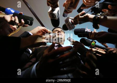 (140804) -- SAO PAULO, Aug. 4, 2014 -- Aecio Neves, presidential candidate of Brazilian Social Democracy Party (PSDB), speaks to journalists in an agribusiness conference in Sao Paulo, Brazil, on Aug. 4, 2014. Aecio Neves is the main opposition candidate pitted against the incumbent Brazilian President Dilma Rousseff, also presidential candidate of Workers Party (PT), in the October presidential elections of Brazil.  (jp) (ah) BRAZIL-SAO PAULO-POLITICS-ELECTIONS-CANDIDATE e RahelxPatrasso PUBLICATIONxNOTxINxCHN   Sao Paulo Aug 4 2014 Aecio Neves Presidential Candidate of Brazilian Social Democ Stock Photo