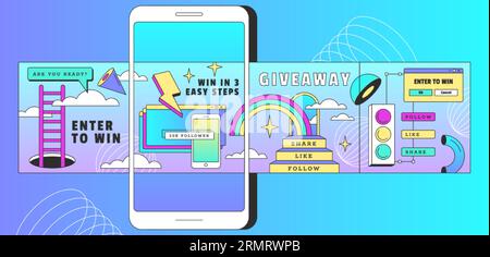 Instagram post carousel template banners. Internet application on the screen of smartphone device. Design background for social media. Mockup of the mobile app with stickers flat vector illustration Stock Vector