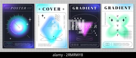 Trendy modern gradient posters with blurred geometric shapes. Blurry aura aesthetic abstract graphic elements collection of different forms. Flyers set of design element with defocus effect Stock Vector