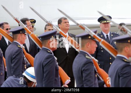 BOGOTA, Aug. 7, 2014 -- Ecuador s President Rafael Correa (C) reacts during a welcome ceremony at the military base of Catam, in Bogota City, capital of Colombia, on Aug. 7, 2014. Rafael Correa arrived to Bogota to attend the inauguration ceremony for the second term of reelected Colombian President Juan Manuel Santos. German Enciso/) (ah) (fnc) MANDATORY CREDIT NO ARCHIVE-NO SALES FOR EDITORIAL USE ONLY COLOMBIA OUT COLOMBIA-BOGOTA-POLITICS-INAUGURATION COLPRENSA PUBLICATIONxNOTxINxCHN   Bogota Aug 7 2014 Ecuador S President Rafael Correa C reacts during a Welcome Ceremony AT The Military Bas Stock Photo