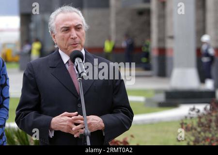 BOGOTA, Aug. 7, 2014 -- Brazil s Vice President Michel Temer delivers a speech during a welcome ceremony at the military base of Catam, in Bogota City, capital of Colombia, on Aug. 7, 2014. Michel Temer arrived to Bogota to attend the inauguration ceremony for the second term of reelected Colombian President Juan Manuel Santos. German Enciso/) (ah) (fnc) MANDATORY CREDIT NO ARCHIVE-NO SALES FOR EDITORIAL USE ONLY COLOMBIA OUT COLOMBIA-BOGOTA-POLITICS-INAUGURATION COLPRENSA PUBLICATIONxNOTxINxCHN   Bogota Aug 7 2014 Brazil S Vice President Michel Témer delivers a Speech during a Welcome Ceremon Stock Photo