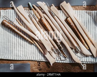 Set of Clay Modeling Tools on White Background, Flat Lay Stock