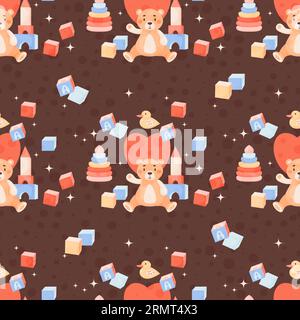 Children toys seamless pattern. Plush toy teddy bear, duck, cubes and pyramid on brown background. Vector illustration in cartoon style. Cute kids col Stock Vector