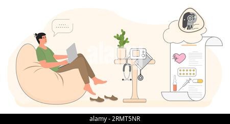 Man sitting at home, next to table with pressure measuring device. Chat with medical robot. Medical vector illustration. Medicine Health care Treatmen Stock Vector