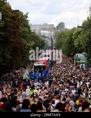 LONDON, Aug. 24, 2014 -- Performers parade through the streets during the Notting Hill Carnival in London, Britain, on August 24, 2014. The Notting Hill Carnival is the largest street festival in Europe and was first held in 1964 by the Afro-Caribbean community. Over the bank holiday weekend, the streets come alive to bands, colourful floats and costumed performers as members of the public flood into the area to join the celebrations. ) UK-LONDON-NOTTING HILL CARNIVAL-CHILDREN S DAY PARADE HanxYan PUBLICATIONxNOTxINxCHN   London Aug 24 2014 Performers Parade Through The Streets during The Nott Stock Photo