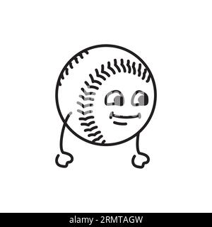 Funny cute happy softball black line icon. Kawaii character illustration Stock Vector