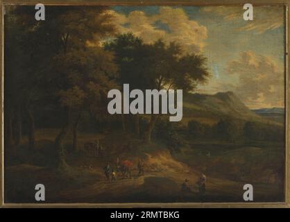 Landscape with staffage at sunset by Jan Baptist Huysmans Stock Photo