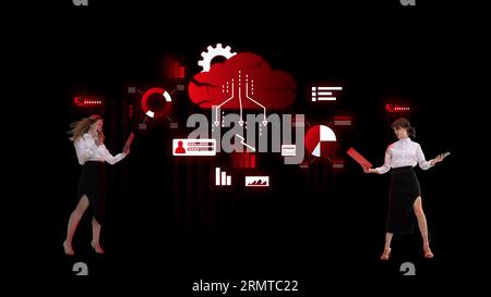 Young woman, employees working on security system. Developing app. Digitalization. Contemporary art collage. Stock Photo
