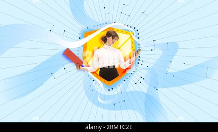 Business woman looking on mobile phone with concentrated face. Working on data security system. Contemporary art collage. Stock Photo