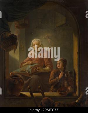 A Lacemaker, with a Boy Blowing Bubbles 1742 by Louis de Moni Stock Photo