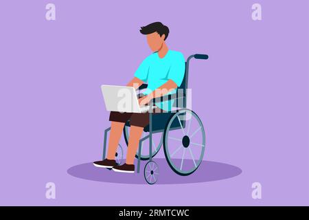 Cartoon flat style drawing disabled man working with laptop in wheelchair. Idea, computer. Freelance, disability. Online job startup. Physical disabil Stock Photo