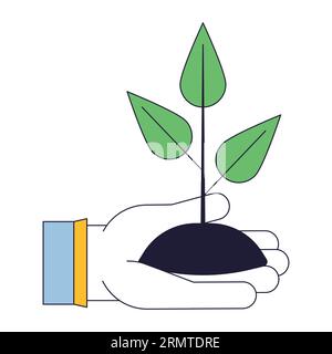 Holding plant flat line concept vector spot illustration Stock Vector