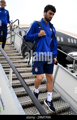 Zagreb, Zagreb. 30th Aug, 2023. Mahir Emreli of Dinamo Zagreb arrives at Vaclav Havel Airport Prague ahead of UEFA Europa League Play-off 2nd leg against Sparta Praha on August 30, 2023 in Prague, Czech Republic. Photo: Marko Lukunic/PIXSELL Credit: Pixsell/Alamy Live News Stock Photo