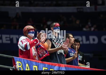 Manila, Philippines. 30th Aug, 2023. Fans of Serbia react during the group B match between South Sudan and Serbia at the 2023 FIBA World Cup in Manila, the Philippines, Aug. 30, 2023. Credit: Wu Zhuang/Xinhua/Alamy Live News Stock Photo