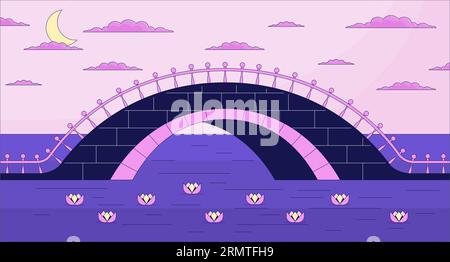 Twilight bridge across river lo fi aesthetic wallpaper Stock Vector
