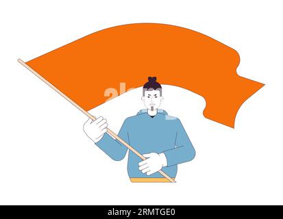 European man waving flag flat line color vector character Stock Vector