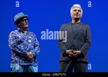 Carles Sans, and Jose Corbacho during the performance of the play 'Finally alone!' August 30, 2023, in Madrid, Spain. Stock Photo