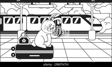 Traveler rabbit on platform black and white cute chill lo fi wallpaper Stock Vector