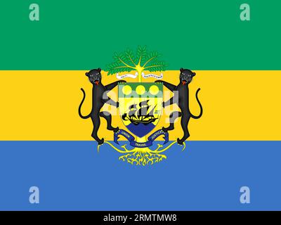 The official current flag and coat of arms of Republic of Gabon. State flag of Gabon. Illustration. Stock Photo