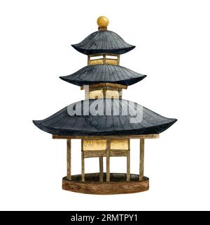 Pagoda house watercolor illustration. Traditional Japanese or Nepal architecture building of Asian culture Stock Photo