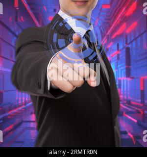 Businessman pressing interface button. Innovation technology. Stock Photo