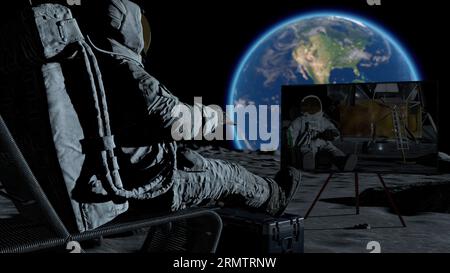 3D rendering. Lunar astronaut drinking beer sitting in easy beach chair on Moon surface, enjoying view of Earth. CG Animation. Elements of this image Stock Photo