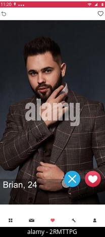 Dating site account of handsome man. Profile photo, information and icons Stock Photo