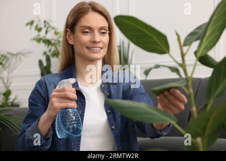 Woman spraying beautiful houseplants with water at home Stock Photo