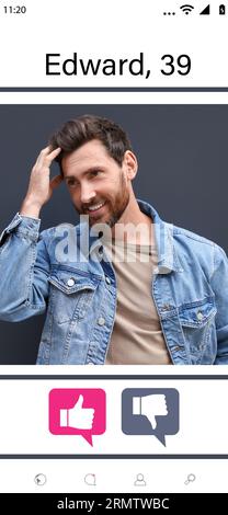 Dating site account of handsome man. Profile photo, information and icons Stock Photo