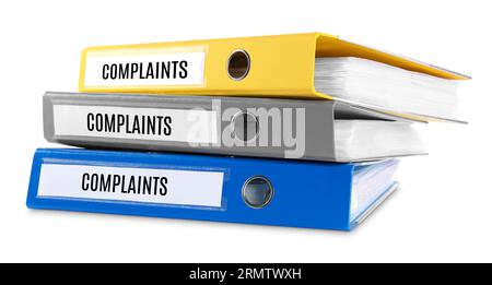 Colorful folders with Complaints labels on white background Stock Photo
