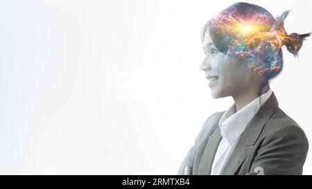 Double exposure of young businesswoman and creative technology. AI Stock Photo