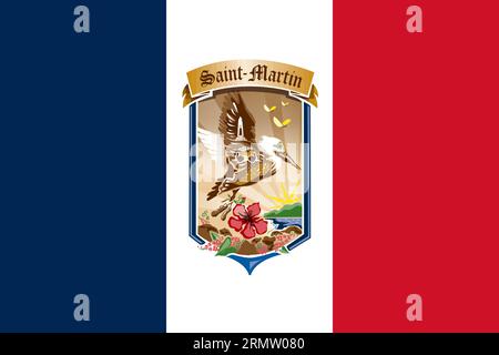 The official current flag and coat of arms of Collectivity of Saint Martin. State flag of Saint Martin. Illustration. Stock Photo