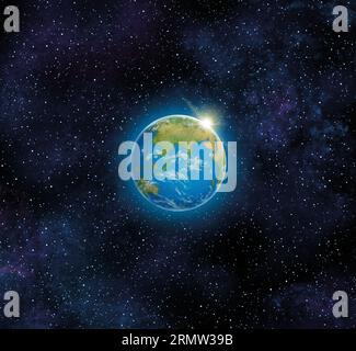 Illustration of Planet Earth Globe View from Space with Sun Rising on the Horizon Stock Photo