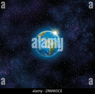 Illustration of Planet Earth Globe View from Space with Sun Rising on the Horizon Stock Photo