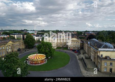 This skyline of York in the UK shows York Castle Museum (left) and Crown Court (right). The photograph was taken from the top of Clifford's Tower. Stock Photo