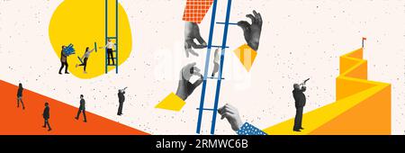 Contemporary art collage. Businessman and businesswoman team work on start up progress using analysis market technology Stock Photo