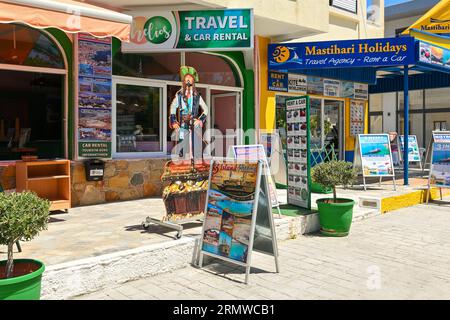 Kos, Greece - May 8, 2023: Travel agency in Mastichari resort on the island of Kos. Greece Stock Photo