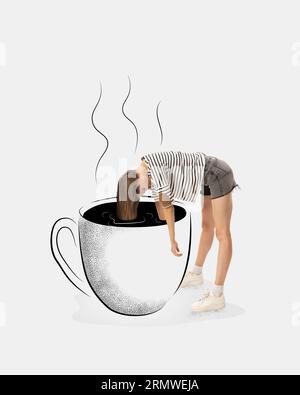 Contemorary art collage. Composite artwork of depressed, upset woman go to drawing coffee cup isolated white background. Stock Photo