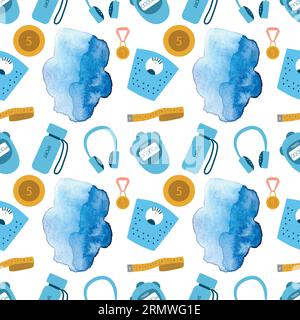 Seamless pattern. Various sports equipment. Fitness equipment, gym accessories. Dumbbells, scales, headphones, bottle, timer, watercolor spot. Healthy Stock Vector