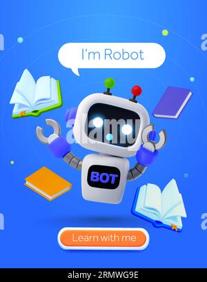 3d knowledgable robot or AI help desk banner template. Combination of chatbot, books, CTA isolated on background. 3d vector illustration for student support, online course, customer question, answer. Vector illustration Stock Vector